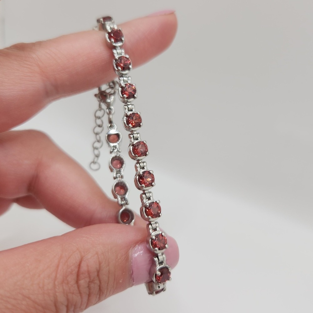 Tennis Bracelet Red Garnet Crystal Round Cut Silver Tone Gothic Minimalist